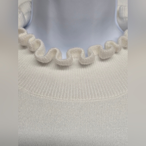 French Connection Sweater L Bright White Turtle Neck Mock Long Sleeve Ruffled - Picture 3 of 6